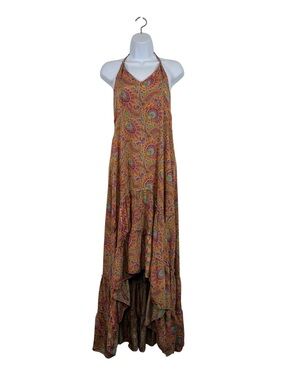 Boho Paisley Halter Maxi Dress Silk Blend Open Back Tiered High Low Hem Festival